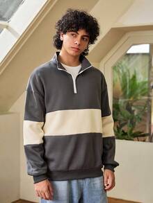 Whitmere Men's Casual Fashionable Versatile Contrast Color Collegiate Style Comfortable Half-Zip Long Sleeve Sweatshirt, Autumn/Winter - Dark Grey - View 5