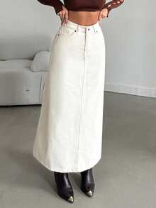 SHEIN Plus High Waist Regular Fit Button Front Casual Style Beige Color Rinse Wash Denim Skirt - Beige - View 1