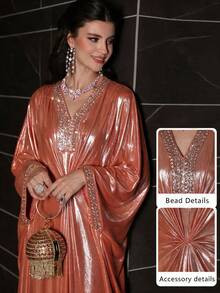SHEIN Najma Women's Loose Comfortable Rhinestone Embellished Arabian Dress - Burnt Orange - View 1
