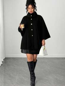 Elenzga Plus Size Elegant Stand Collar Lapel Full Button Decor Long Sleeve Loose Black Overcoat Office Formal Evening Fall - Black - View 4