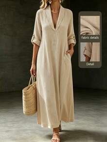 Linhara CURVE Autumn New Loose Casual Traditional Solid Color Plus Size Dress, Suitable For Outings And Daily Gatherings Fall Formal Wedding Guest Beige - Apricot - View 1