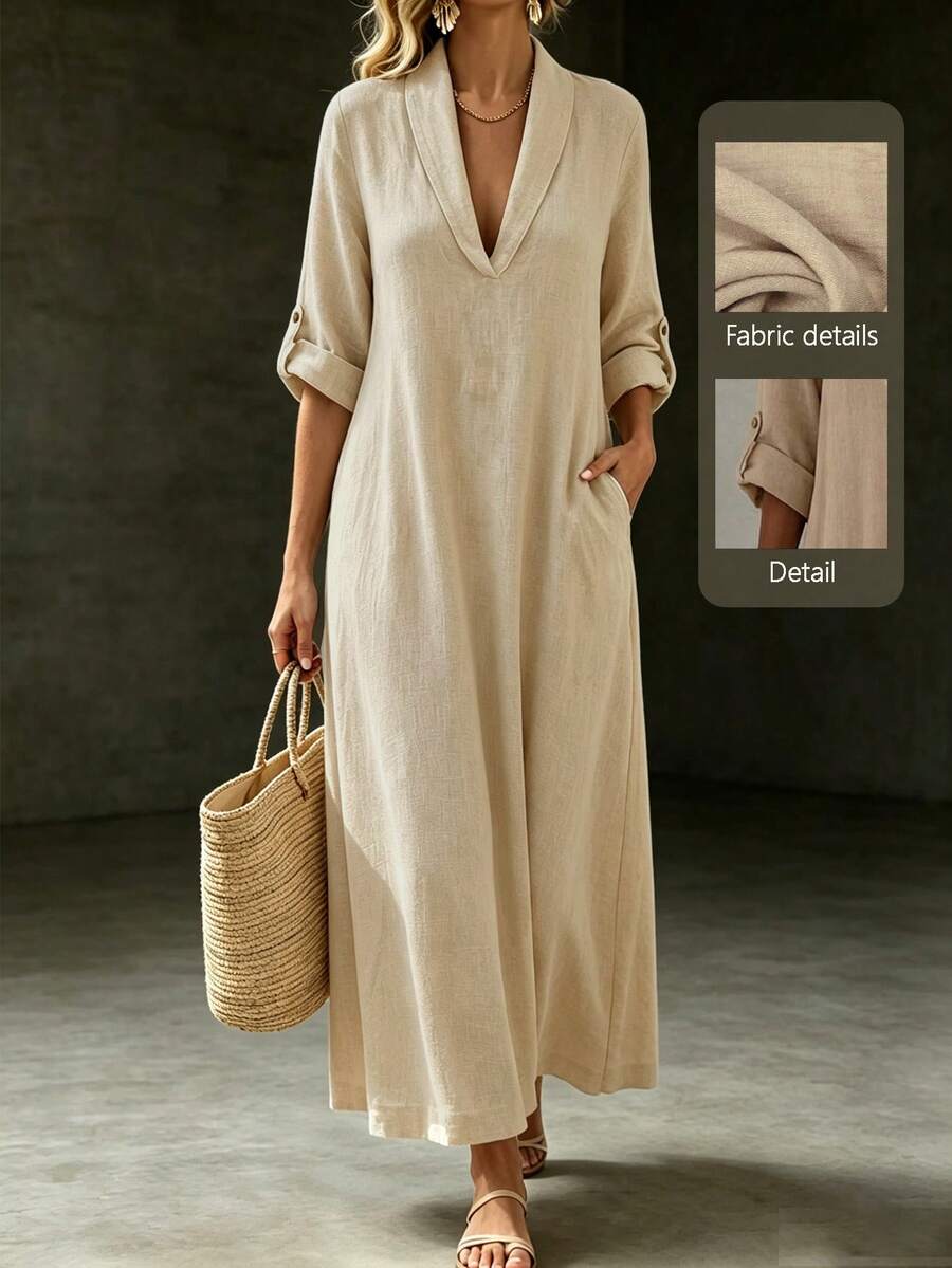 Linhara CURVE Autumn New Loose Casual Traditional Solid Color Plus Size Dress, Suitable For Outings And Daily Gatherings Fall Formal Wedding Guest Beige - Apricot - View 1