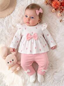 SHEIN Newborn Spring/Autumn Brown Heart Print Top With Bow Knot Decor Pure Black Long Pants  2-Piece Set Suitable For Outings, Sports, Christmas Parties - Pink - View 2