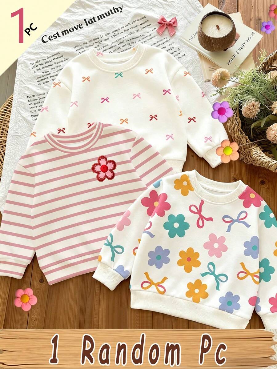 (1 Pieza Aleatoria) Sudadera de Cuello Redondo Básica con Rayas Frescas, Flores Coloridas y Lazo para Niña de Moda Otoño/Invierno - Multicolor - Ver 1