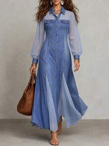 SHEIN Gaun Panjang Wanita Elegan dengan Kancing Depan - Biru - View 5