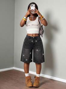 Slaydiva 女款休閒牛仔短褲,附口袋與鈕扣,適合日常穿著,牛仔短褲 - 黑色 - 查看 7