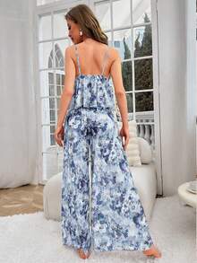 SHEIN طقم بيجامة نسائي مكون من ملابس علوية كاميسول شبكي بطبعة زهور وبنطلون واسع الساق - الأزرق - مشاهدة 2