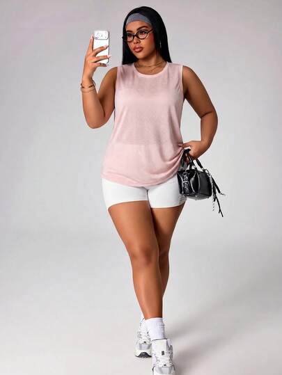 Slayform Plus Size Sports Jacquard Tank Top, Diamond Grid Jacquard Camisole, English Letter Webbing, Criss-Cross Hollow Back, Slim Fit, Butt-Flattering Top