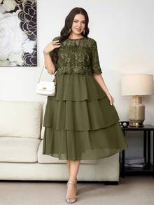 Reflora Vestido elegante de verano con patchwork de encaje para tallas grandes - Verde - Ver 6
