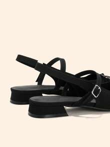 CUCCOO BASICS Elegant Black Knitted Flats For Women Bow Embellished Slingback Design With Adjustable Ankle Strap - Black - View 6