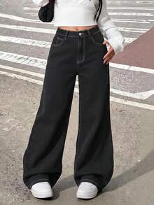 SHEIN Girlism 青少年女孩粉色刺繡圖案黑色牛仔寬鬆長褲 - 黑色 - 查看 4