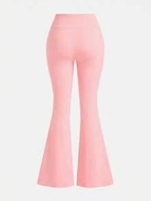 SHEIN Girlism Tween女孩純色休閒百搭日常穿著喇叭褲 - 粉色 - 查看 2
