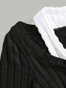 SHEIN Girlism 青少年女孩拼色 2-In-1 設計 T-shirt，修身版型，休閒風格，黑色層次長袖上衣，冬季，Y2K，街頭風 - 黑色 - 查看 4