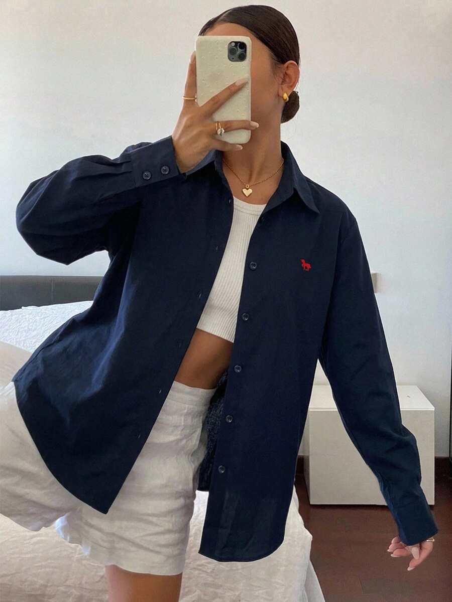 Livesso 女款素色休閒百搭春夏寬鬆長袖翻領口袋襯衫 - 藏蓝色 - 查看 1