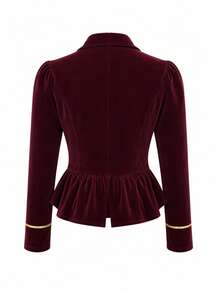 LUMIGAL Elegant Court Style Luxury Commuter Velvet Dark Red Burgundy Blazer, Cinched Waist Flared Hem, Long Sleeve Jacket, Spring/Autumn - Red - View 5