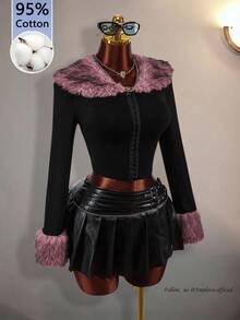 Amplova Lady's Halloween Y2K Style Pink Collar Design High-Waisted Sexy Jacket, Suitable For Parties And Gatherings. - Black - View 1
