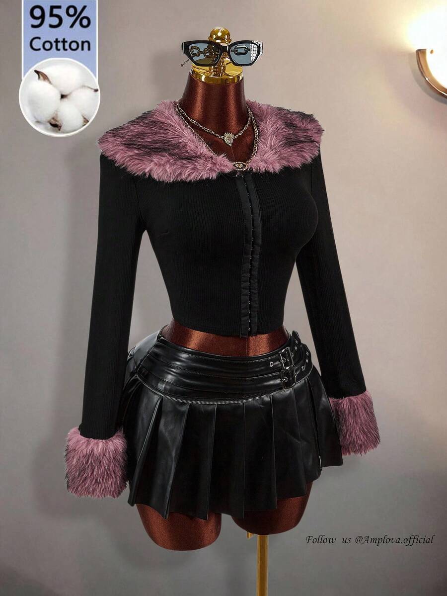 Amplova Lady's Halloween Y2K Style Pink Collar Design High-Waisted Sexy Jacket, Suitable For Parties And Gatherings. - Black - View 1