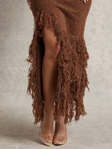 Silquee Women's Solid Color Tassel Design Casual Daily Knit Dress - Camel - View 7