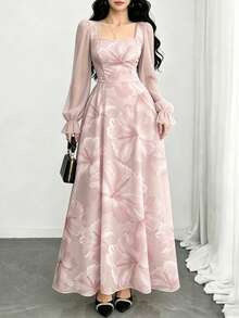 Modelyn 大尺碼夢幻碎花圖案仿刺繡印花灰粉色洋裝，女款方領燈籠長袖秋季收腰設計 - 彩色 - 查看 5