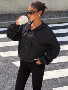 Muchica Drop Shoulder Drawstring Hem Hooded Jacket In Fall/Winter Black - Black - View 1