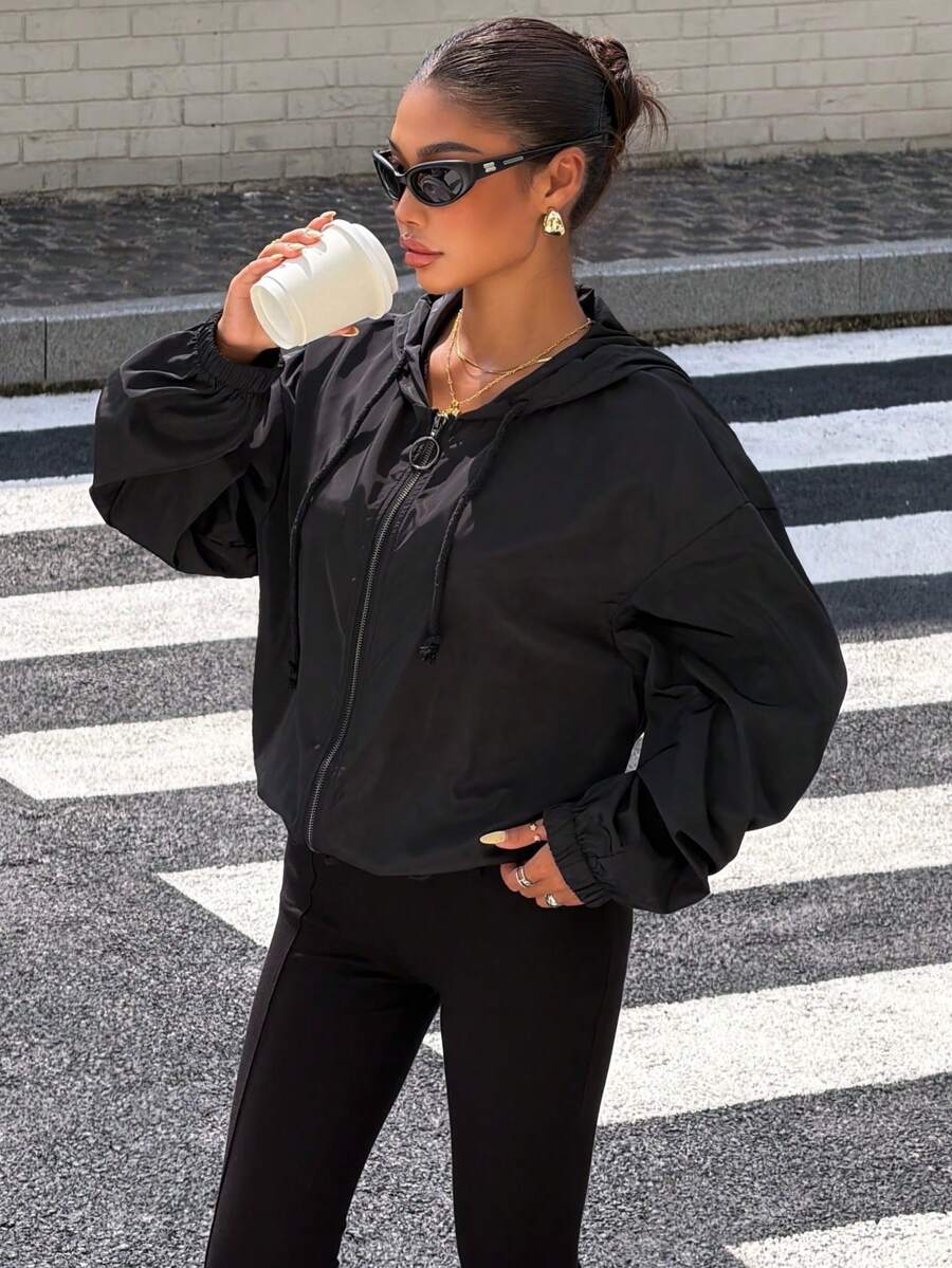 Muchica Drop Shoulder Drawstring Hem Hooded Jacket In Fall/Winter Black - Black - View 1