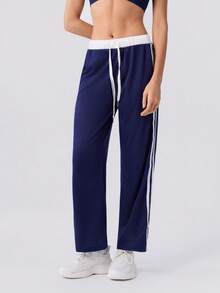 Loungeista Women's Spring/Summer Contrast Color Patchwork Drawstring Straight Leg Pants, Casual Homewear Sports Minimalist Classic Suitable For Outdoor Wear - Multicolor - View 4