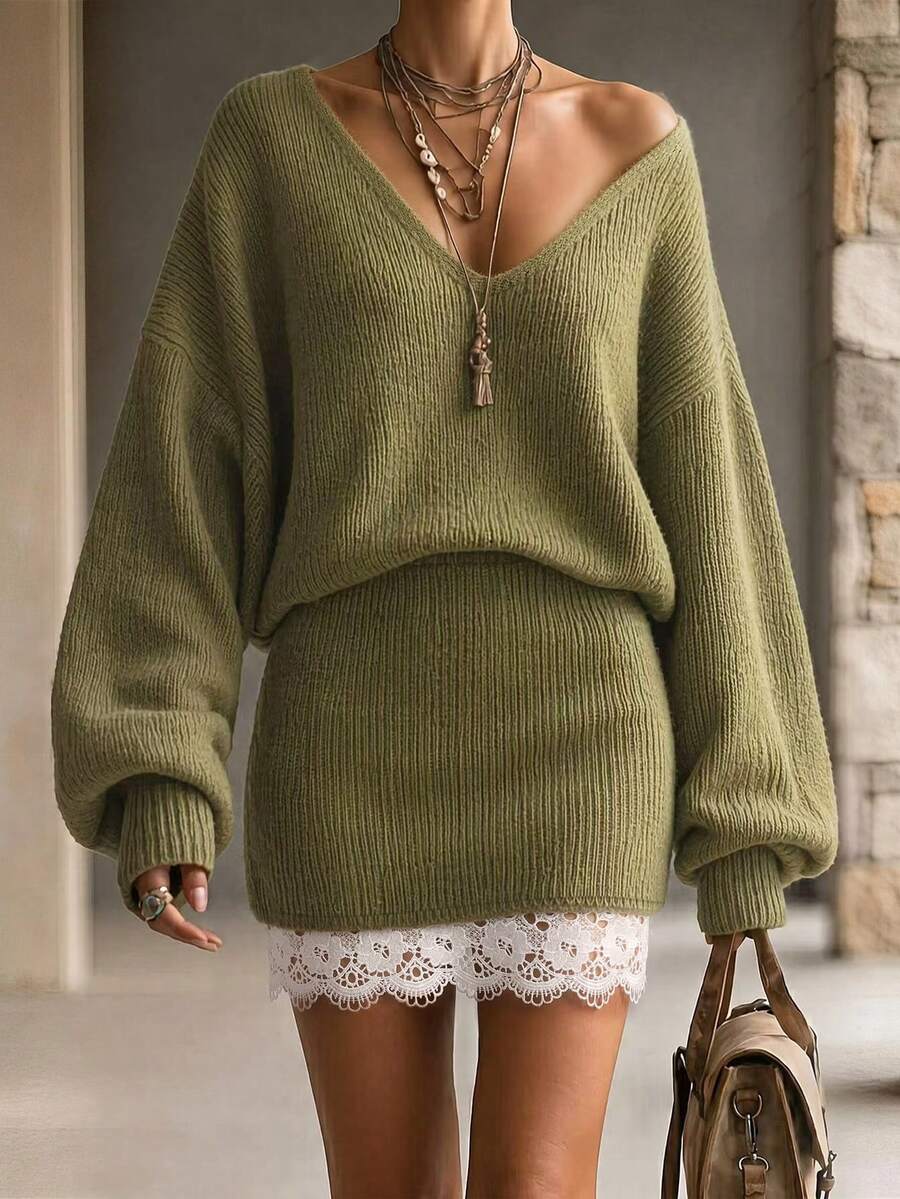 SHEIN Fall Winter Green Deep V Rib Knit Two Pieces Set, Oversized Lazy Sweater + Lace Hem Spliced Bodycon Knit Skirt, Vertical Rib Textured Casual Outfit - Army Green - View 1