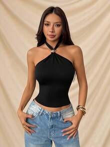 SHEIN PETITE 女款純色金屬裝飾時尚修身掛脖上衣，適合演唱會、節慶派對 - 黑色 - 查看 5