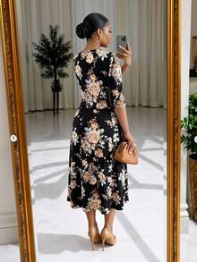 SHEIN Lady Plus Size Women's Floral Print 5-Sleeve Round Neck Elegant Dress High Tea Evening Party Black Summer - Multicolor - View 2