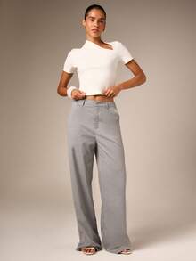 AiiRZ Asymmetric V-Neck Ribbed Knit Crop T-Shirt Fitted Short Sleeve Casual Summer Essential Top - White - View 3