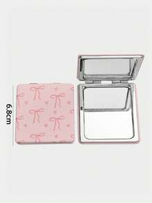 ROMWE 1 pieza Espejo de maquillaje cuadrado con patrón de lazo rosa & corazón, espejo de mano portátil, adecuado para niñas (posición del patrón aleatoria) - Multicolor - Ver 4