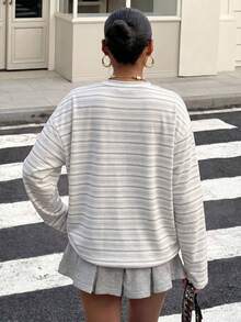 SHEIN EZwear 女款條紋拼接色塊休閒百搭日常長袖T恤 - 彩色 - 查看 2