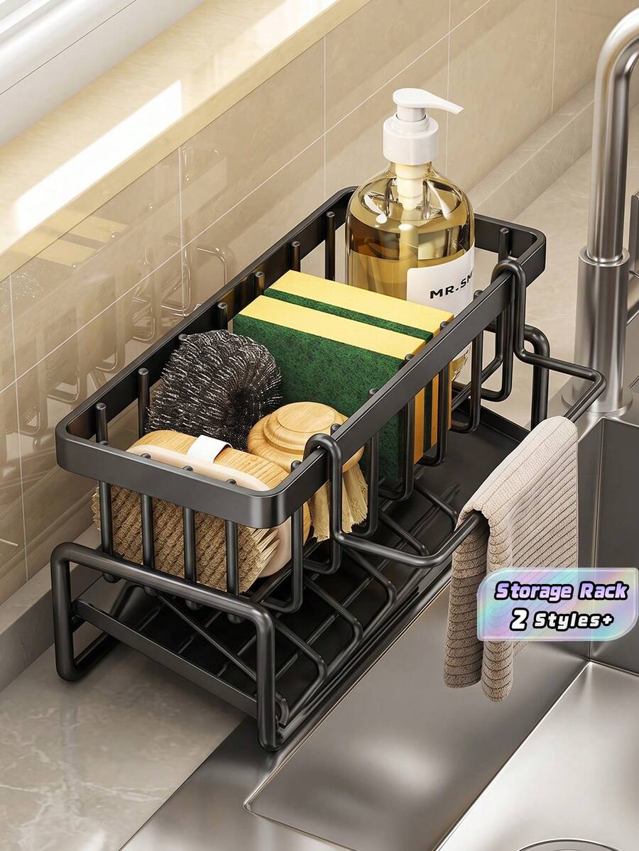 1PC Multi-Grid Sink Sponge Storage Rack With Towel Bar, Rustproof Metal Kitchen Sink Caddy Organizer, Drainable Countertop Holder For Dish Sponge Scrubber Steel Wool Soap, Space-Saving Kitchen Accessory For Sink Counter Tidying - one size fits all - View 1