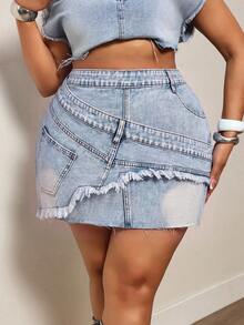 Slaydiva Plus Size Asymmetrical Distressed Patchwork Denim Mini Skirt, Summer - Blue - View 4