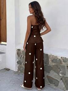 Firerie Setelan Atasan Bandeau dan Celana Panjang Wanita Musim Panas 2 Potong, Setelan Celana Panjang Motif Polkadot Minimalis Wanita - Coklat - View 2