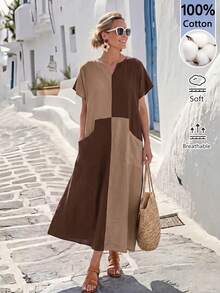Faunlyn Women's Vacation Casual Tropical Minimalist Colorblock Patchwork Dress Shades Of Brown Summer Picnic - Brown - View 5