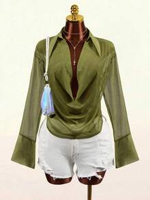 Mistrie Women's Cowl Neck Chiffon Sheer Blouse Night Out Going Out Date Night Olive Green Summer Sexy - Green - View 4