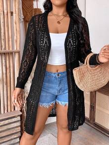 SHEIN Holidaya Saída de Praia Plus Size Feminina Cor Sólida, Férias de Outono Praia Noite Formal Elegante Versátil Manga Longa Preta - Preto - Visão 6