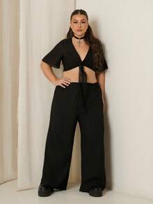 Lele Munniz Celana Panjang Hitam Ukuran Besar Musim Semi/Panas, Pakaian Santai Kasual Elegan untuk Wanita Berlekuk Tubuh, Celana Sommar Longgar Bertekstur Kain Tenun dengan Pinggang yang Dapat Diatur, Serbaguna - Hitam - View 1