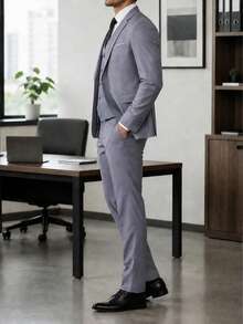 Men's Two-Piece Suit Plus Sizes One-Button, Pants Jacket And Belt Included In Plain Color, Ideal For Weddings Formal Events And Office. - Grey - View 3