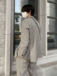 DAZY Spring/Autumn Grey Plaid Fabric Blazer With Semi-Elastic Waist Suit Pants Men's Suit Set - Multicolor - View 2