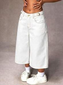 SHEIN ICON Plus Size Casual Versatile Wide Leg Jeans - White - View 4
