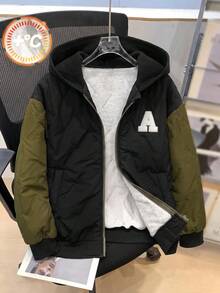 SHEIN 兒童青少年男孩休閒學院風拼接撞色連帽開襟厚實針織外套，適合學校、花園、海灘、生日，適用秋冬春夏，黑色、棕色 - 彩色 - 查看 1