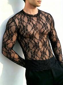 ZURIURI Men's Elegant Streetwear Sexy Casual Lace Sheer Long Sleeve T-Shirt Halloween Club Party Black Floral Autumn - Black - View 4