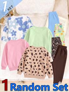 SHEIN 隨機 4 套買 1 送 1 女童套裝，經典豹紋、花卉、動物元素圖案印花圓領長袖羅紋運動衫，搭配同款圖案印花長款內搭褲，適合秋冬戶外活動，蝴蝶結、兔子、花朵 - 彩色 - 查看 2