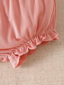 SHEIN 新生兒夏季女嬰白色粉色紋理吊帶套裝可愛家庭配色嬰兒服裝柔軟舒適高彈性夏季套裝 2026 - 粉色 - 查看 8