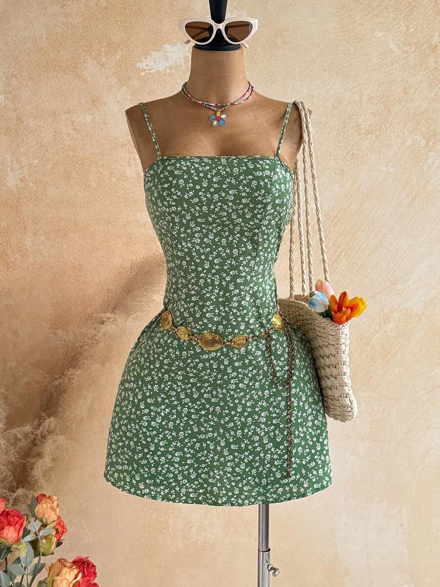Soleia WYWH Urlaub Frühjahrsferien Kleid mit kleinem Blumenmuster Trägerkleid - Minzgrün - Übersicht 1
