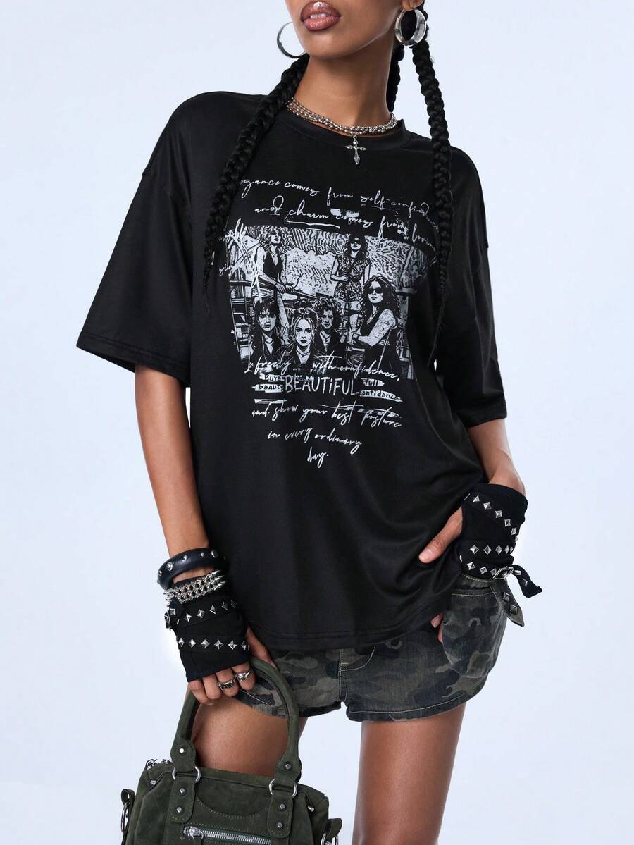 Y2Kool Women's Black Graphic Casual Streetwear Grunge Versatile Mid-Length Loose Fit Printed Short Sleeve T-Shirt Summer Concert Rave Halloween - Black - View 1