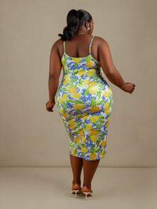 CurvyTilda Casual Minimalist Full-Print Fresh Lemon Fruit Pattern Bodycon Cami Maxi Dress Party Elegant Vacation - Yellow - View 2