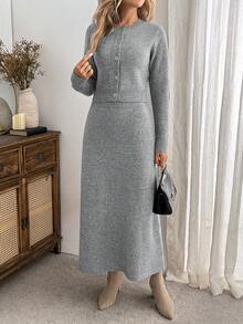 EMERY ROSE Women's Button Front Knit Cardigan & High Waist Skirt Set, Crew Neck Long Sleeve Sweater Two Pieces Outfit For Fall Winter - Grey - View 6